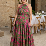 Ružová midi šaty s elegantným halter výstrihom