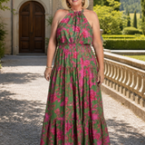 Ružová midi šaty s elegantným halter výstrihom