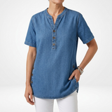 Denimelle™ — Halenka s denimovým vzhľadom, henley golier a bočné rozparky