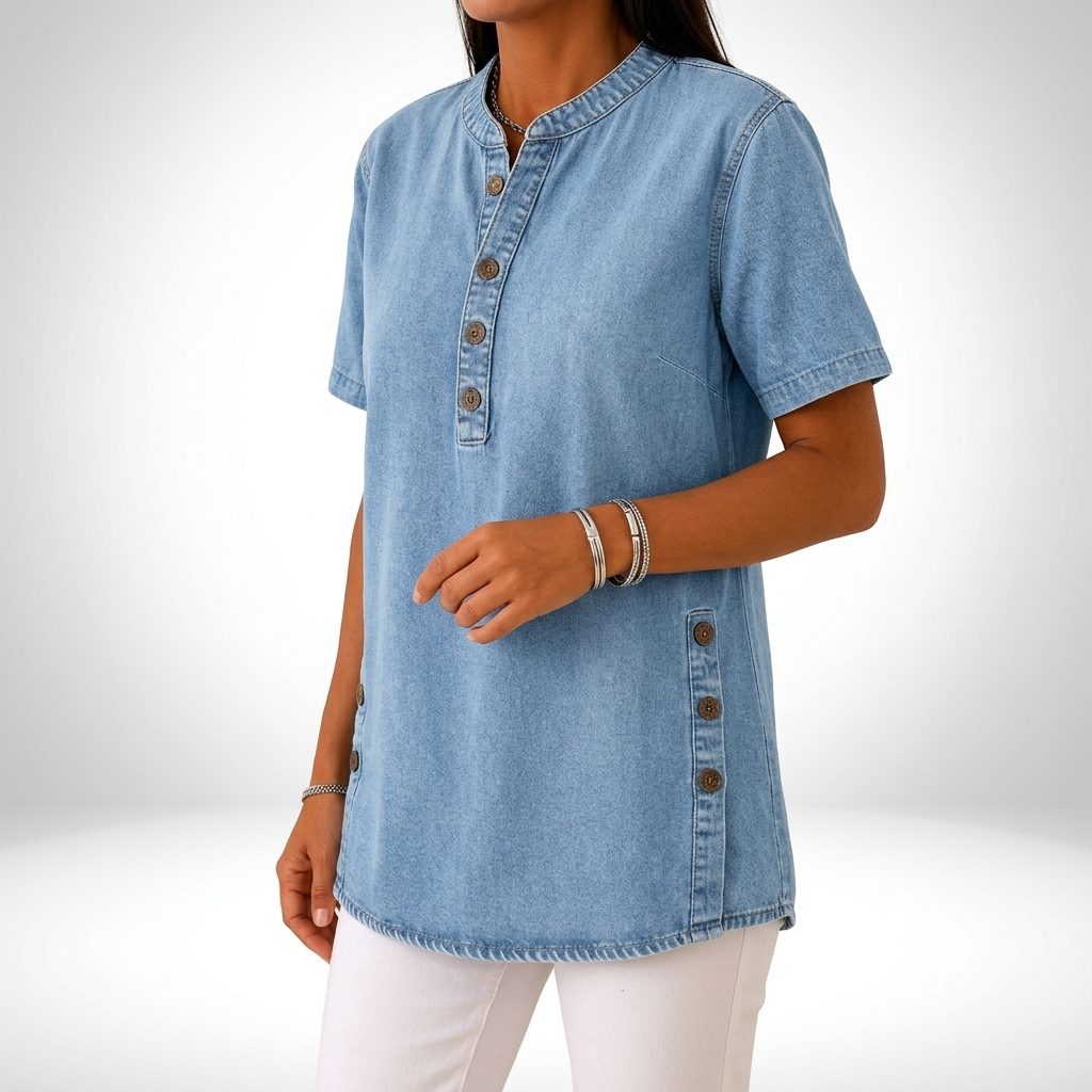 Denimelle™ — Halenka s denimovým vzhľadom, henley golier a bočné rozparky