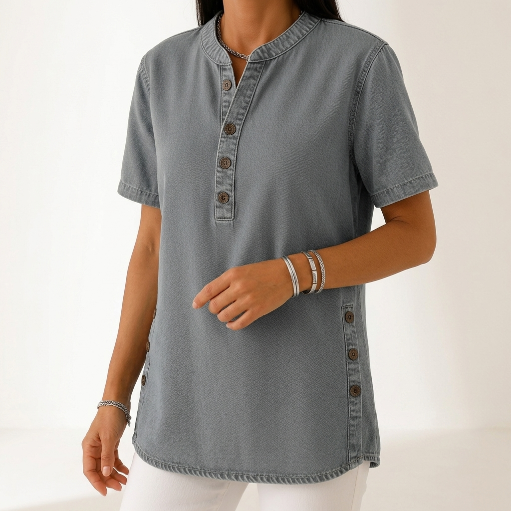 Denimelle™ — Halenka s denimovým vzhľadom, henley golier a bočné rozparky